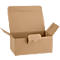 Opened brown cardboard box with partially open lid. Interior view with tab for closing.
