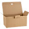 Open brown cardboard packaging with handle. The lid is open. There is a hole on the top.