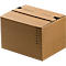 A brown cardboard box, partially closed, with black markings and measurements.