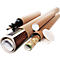 Several brown cardboard tubes, some with white lids. Images, a notepad, and a tripod protrude from the tubes.