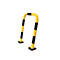 Yellow and black parking bollard against a white background. U-shaped, with square feet.