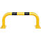 Yellow, U-shaped bollard with black stripes. The wide feet are square.
