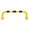 Yellow semi-circular safety barrier with black stripes, against a white background.