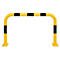 Yellow and black impact protection against a white background. The protection is made of yellow steel with black stripes and a U-shape.