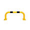 Yellow safety bar with black stripes. Rectangular feet. Curved shape.