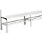 White changing bench with a metal frame. The bench is without a backrest and equipped with a shoe rack.