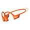 Orangefarbene Knochenschall-Kopfhörer mit „SHOKZ“-Logo. Die Kopfhörer haben eine geschwungene Form und liegen am Kopf an. Die Details sind vor weißem Hintergrund dargestellt.