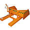 Orange-colored skip, with black and yellow warning stripes. Fork tines are on the sides.