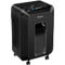 Black paper shredder with Fellowes logo, rollers and paper slot. Blue indicator light.