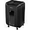 Black paper shredder with wheels and the Fellowes logo. An input slot is located on the top.