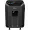 Black paper shredder with Fellows logo. Collection container with shredded paper. Wheels at the bottom.