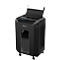 Black paper shredder with open lid. The Fellowes logo is visible. There are wheels at the bottom.