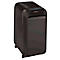 Black paper shredder with wheels. There are two input slots at the top, the front says "Fellowes".