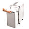 A hand opens the door of a white paper shredder. The housing has silver accents and rollers at the bottom.