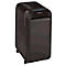Black Fellowes paper shredder, with waste bin and rollers. Fellowes logo on top.