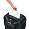 A hand feeds a white sheet of paper into a black Fellowes paper shredder.