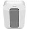 White paper shredder with grey window filled with shredded paper; Fellowes brand.