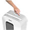 Person presses a button on a white paper shredder. Fellowes logo.