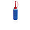 Blue plastic bottle with red cap. The lid has a long, thin spout and a loop. Text on the bottle.