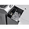 Shredder with pulled-out drawer filled with shredded paper and a small wastebasket.