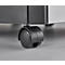 Close-up of a black caster wheel attached to a piece of furniture. The background is blurred and gray.