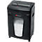 Black paper shredder with Rexel logo and visible paper waste in the bin. On wheels.