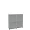 Gray filing cabinet with ribbed doors. The doors have vertical lines and small, vertical handles.