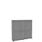 Grey, rectangular cabinet with slatted doors, divided into two parts with two handles per door.