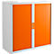 Cabinet with a white body and orange roller shutter doors. The doors are vertically ribbed and have two narrow, white handles.