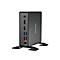 Schwarzer Mini-PC mit Anschlüssen, seitlich angebrachtem Shuttle-Logo, auf Stützen.