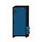 Schwarzer Schrank mit blauer Tür, Griff und Warnschild. Farbauswahl Centurian Blue/Anthrazitgrau.