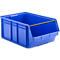 Blaue offene Kunststoffbox mit schwarzer Verstrebung vor neutralem Hintergrund.