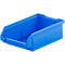 Blaue Sichtlagerbox aus Kunststoff mit eingeprägtem Logo an der Seite.