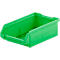 Eine leere, grüne Sichtlagerbox aus Kunststoff mit eingeprägtem Schäfer-Logo vor weißem Hintergrund.