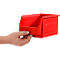 Eine Hand hält eine rote, offene Sichtlagerbox der Marke SSI Schäfer, Modell LF 221 ZN, vor weißem Hintergrund.