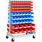 Sichtrollwagen f. Sichtlagerkästen, zweiseitig, B 1130 x T 710 x H 1705 mm, 80 x 0,7 l rot, 42 x 3 l blau, 20 x 7,5 l rot