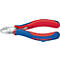 A close-up of a red and blue side cutter pliers from Knipex, with white markings.
