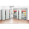 Gray office cabinets, some open, filled with files in different colors, in front of a window.