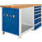 Workbench with wooden top, blue perforated sheet and drawers. Hooks are attached to the perforated sheet.