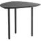 A three-legged gray side table with a rounded triangular tabletop.