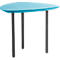 A small table with a blue, teardrop-shaped tabletop and three dark legs.
