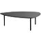 Triangular grey coffee table with black legs.