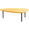 A triangular yellow table with three black legs against a white background.