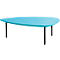 Turquoise triangular table with black legs.