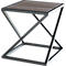 Side table with wood-look top and metal frame with crossed struts.