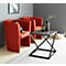 Three red armchairs, a table with a grey top, vases and a decorative basket.