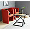 Red armchairs, side table with two vases, picture on the wall. There is a plant on the table.