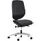 Chaise de bureau noire sur fond blanc. La chaise a un haut dossier, une assise rembourrée et une base argentée.