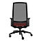 Chaise de bureau, vue arrière. Cadre noir, maille grise, siège rouge. Cinq roulettes.
