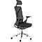 Chaise de bureau noire avec appui-tête, accoudoirs et roulettes, sur fond blanc.